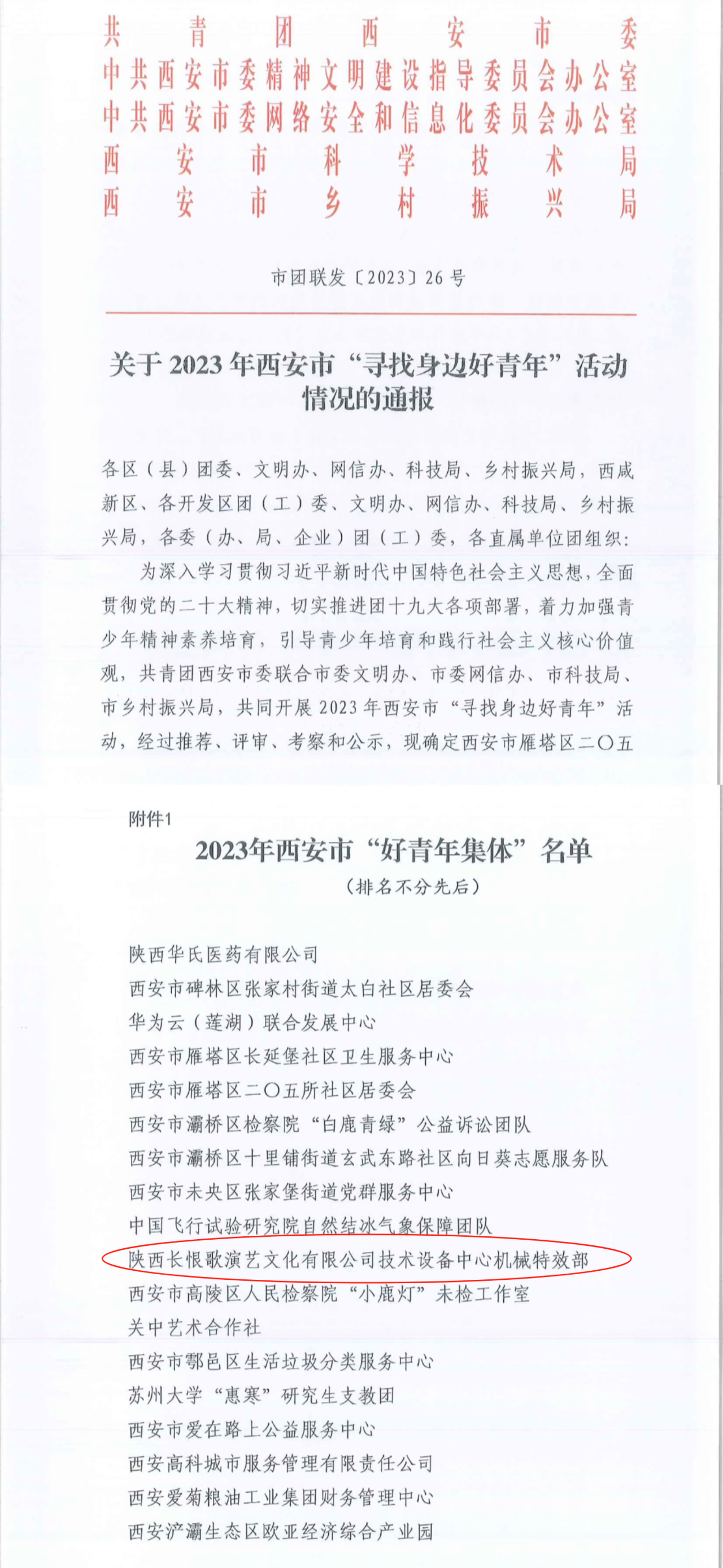 喜報(bào)！陜西長(zhǎng)恨歌演藝文化有限公司技術(shù)設(shè)備中心機(jī)械特效部被評(píng)為2023年西安市“好青年集體”(圖1)